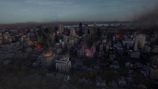 Aerial VFX shot burning city